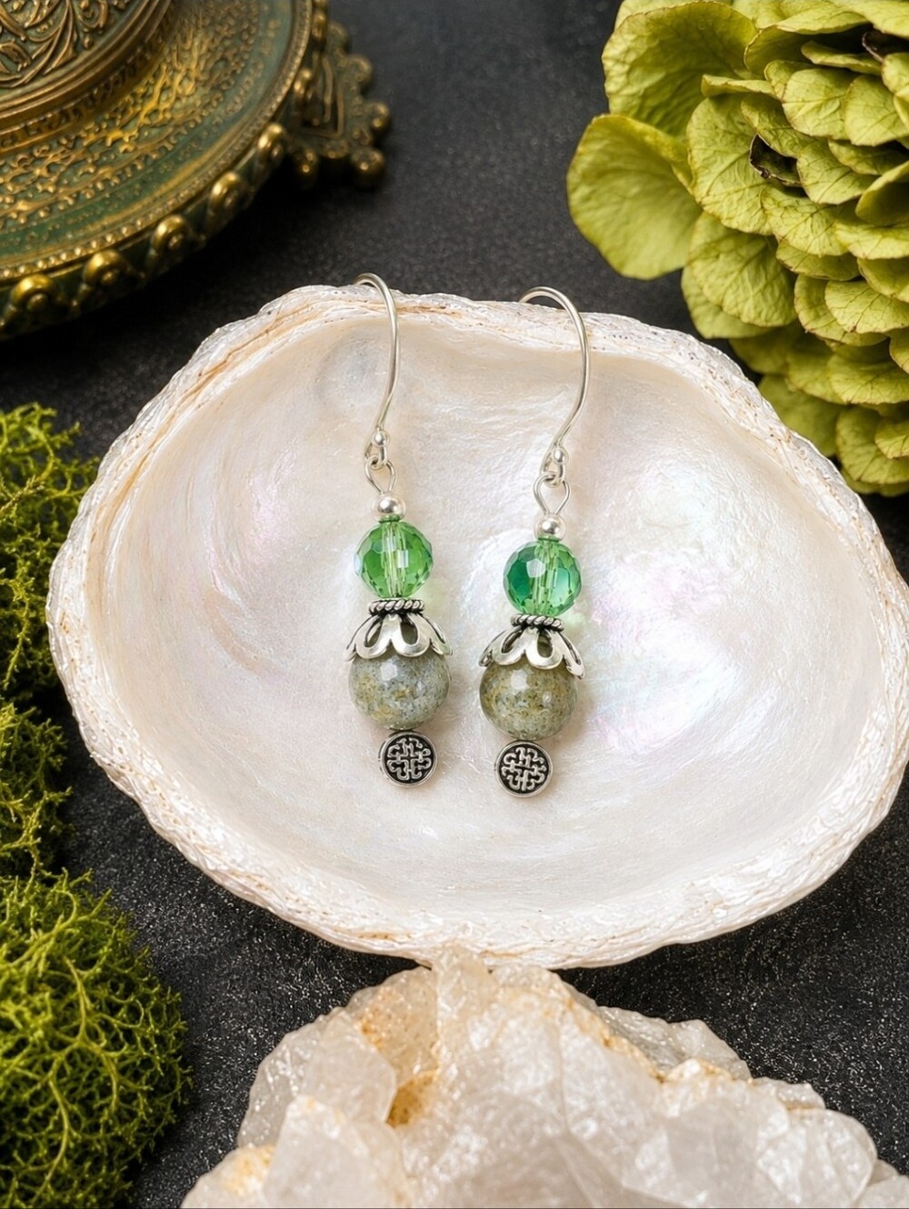 Handmade Green Rutilated Quartz Swarovski Crystal Celtic Dangle Earrings